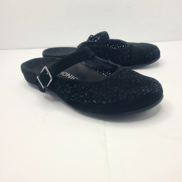 Vionic Shoes - Vionic Lidia Black Suede Perforated Mary Jane Mule Clogs Womens 8 Orthaheel